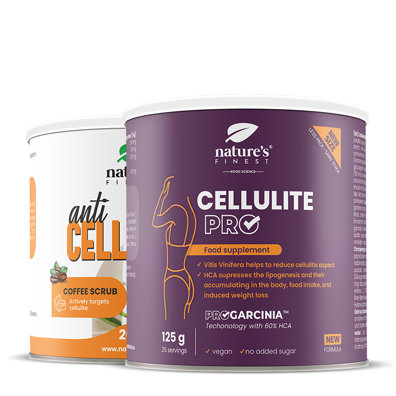 Double Cellulite Attack | 2-stopenjska rutina za videz celulita | garcinia in izvleček rdečega vina + piling kavni scrub za gladkejša